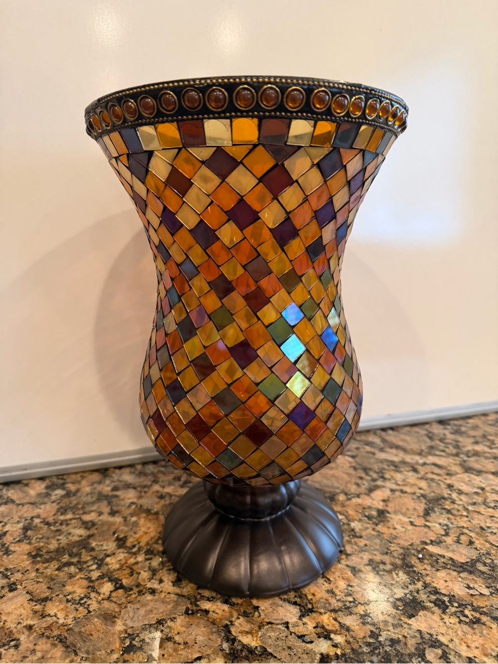 PartyLite Mosaic Glass Tea Light Candle Vase in Amber, Purple and Gold Tones
